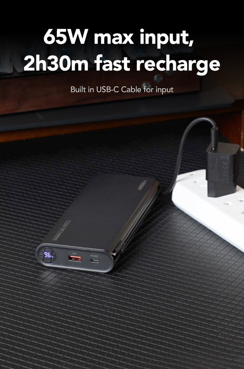 Veger TC130 Fast Charging PowerBank - 25.000 mAh - With Type-C & Lightning Cable Built-In - Black