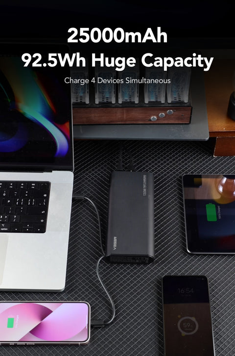 Veger TC130 Fast Charging PowerBank - 25.000 mAh - With Type-C & Lightning Cable Built-In - Black