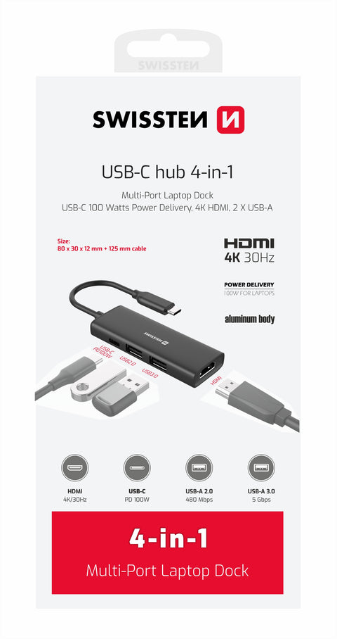 Swissten 4-in-1 USB-C Hub - 44040201 - With USB-C 100W, HDMI 4K, 2x USB-A