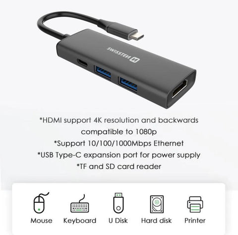 Swissten 4-in-1 USB-C Hub - 44040201 - With USB-C 100W, HDMI 4K, 2x USB-A