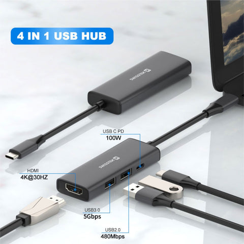 Swissten 4-in-1 USB-C Hub - 44040201 - With USB-C 100W, HDMI 4K, 2x USB-A