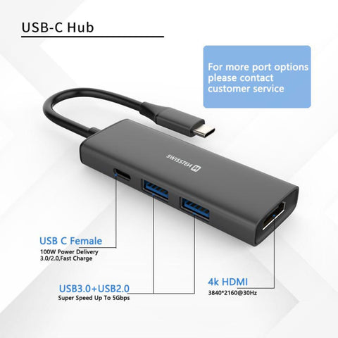 Swissten 4-in-1 USB-C Hub - 44040201 - With USB-C 100W, HDMI 4K, 2x USB-A