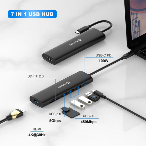 Swissten 7-in-1 USB-C Hub - 44040202 - With USB-C 100W, HDMI 4K, 1x USB-A 3.0, 2x USB-A 2.0, SD, MICRO SD