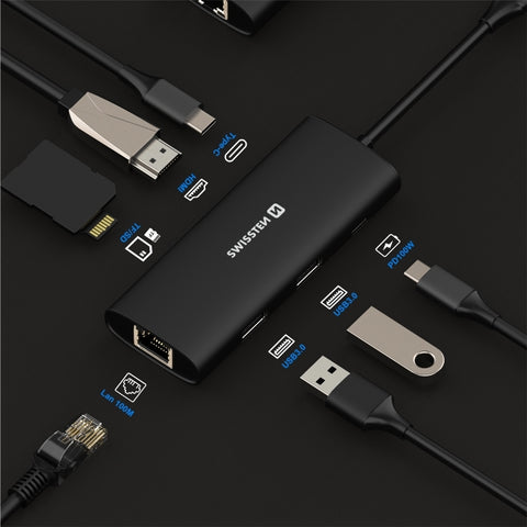 Swissten 8-in-1 USB-C Hub - 44040203 - With USB-C 100W, HDMI 4K, LAN RJ45, 2x USB-A, 1x USB-C 5GBps, SD, MICRO SD