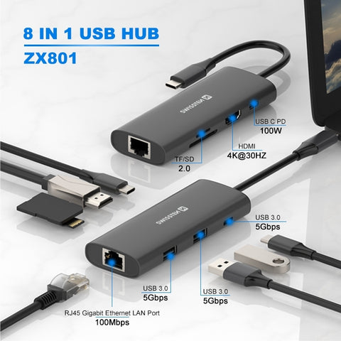 Swissten 8-in-1 USB-C Hub - 44040203 - With USB-C 100W, HDMI 4K, LAN RJ45, 2x USB-A, 1x USB-C 5GBps, SD, MICRO SD