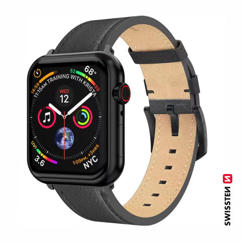Swissten Apple Watch 42-49mm Leather Band - 46000811 - Black Buckle - Black