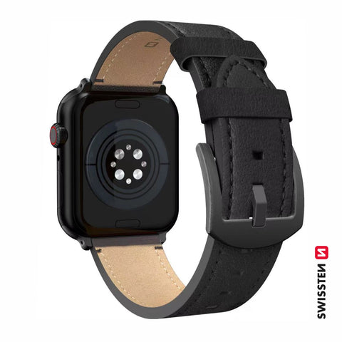 Swissten Apple Watch 42-49mm Leather Band - 46000811 - Black Buckle - Black
