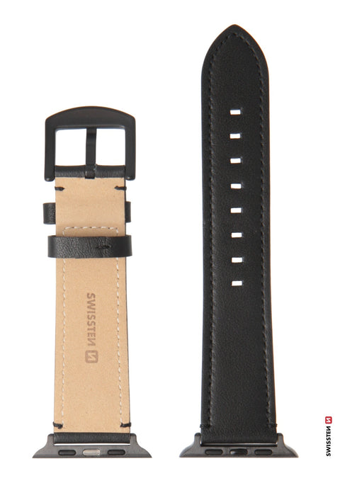 Swissten Apple Watch 42-49mm Leather Band - 46000811 - Black Buckle - Black