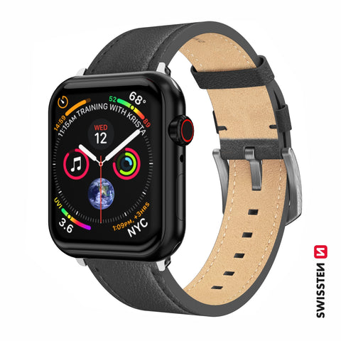 Swissten Apple Watch 42-49mm Leather Band - 46000812 - Silver Buckle - Black