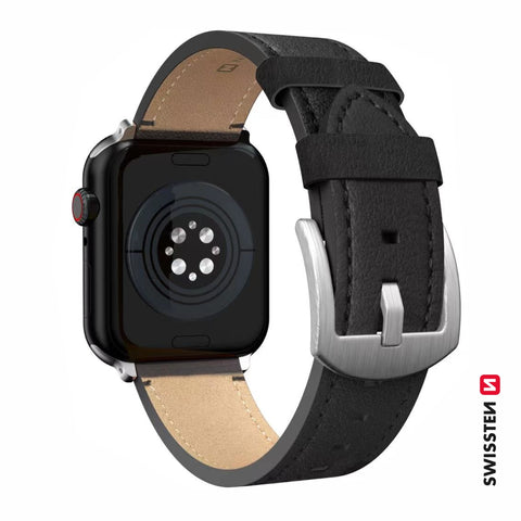 Swissten Apple Watch 42-49mm Leather Band - 46000812 - Silver Buckle - Black