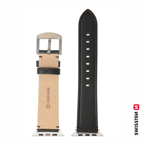 Swissten Apple Watch 42-49mm Leather Band - 46000812 - Silver Buckle - Black