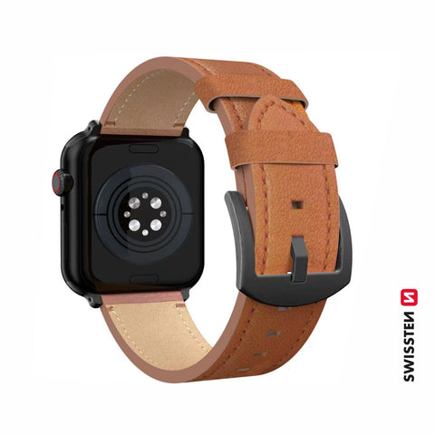 Swissten Apple Watch 42-49mm Leather Band - 46000813 - Black Buckle - Brown