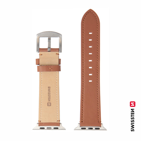 Swissten Apple Watch 42-49mm Leather Band - 46000814 - Silver Buckle - Brown