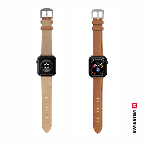 Swissten Apple Watch 42-49mm Leather Band - 46000814 - Silver Buckle - Brown