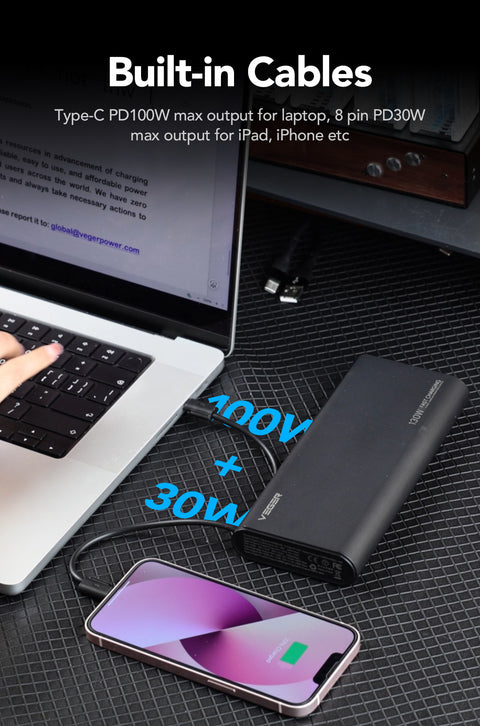 Veger TC130 Fast Charging PowerBank - 25.000 mAh - With Type-C & Lightning Cable Built-In - Black