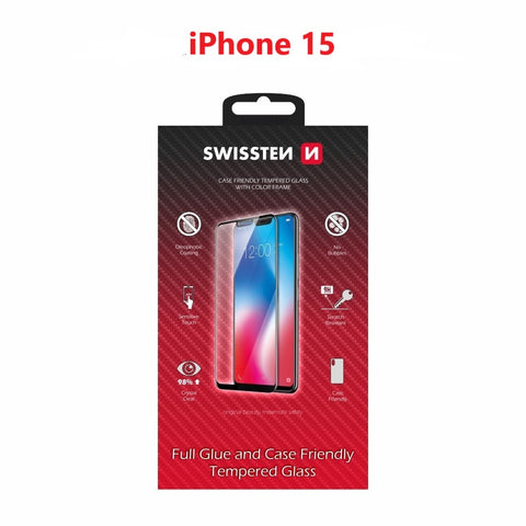 Swissten iPhone 15 Tempered Glass - 54501840 - Full Glue - Black