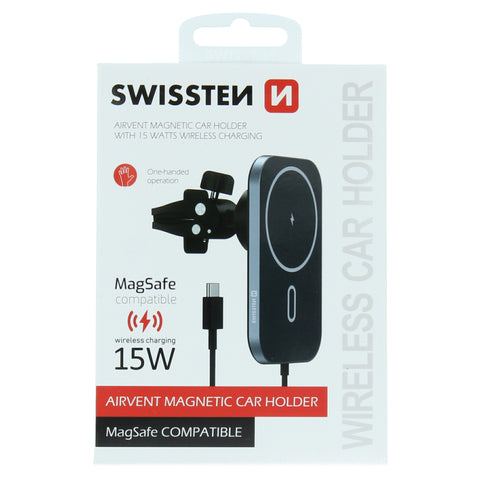 Swissten Wireless Charging Magnetic Air Vent Car Holder (15W) - 65010609 - MagSafe Compatible - Black