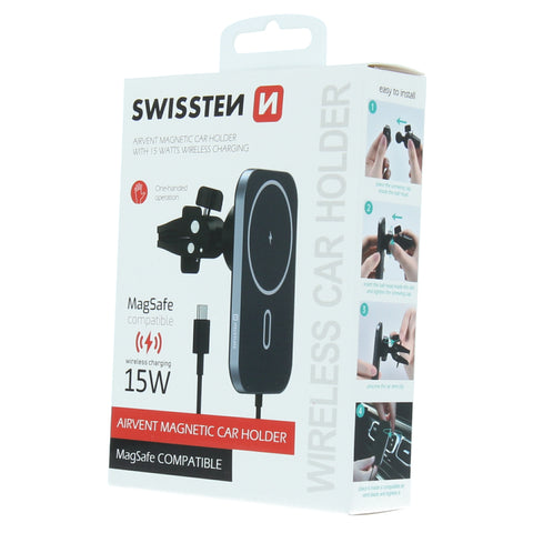 Swissten Wireless Charging Magnetic Air Vent Car Holder (15W) - 65010609 - MagSafe Compatible - Black