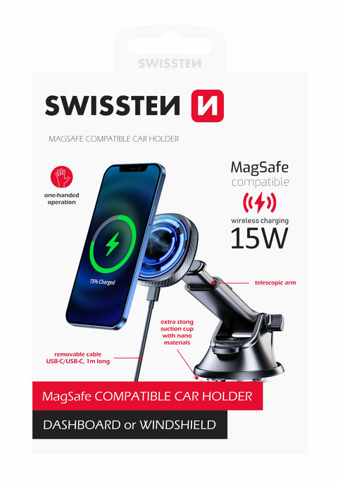 Swissten Wireless Charging Magnetic Car Holder (15W) - 65010610 - MagSafe Compatible - Black