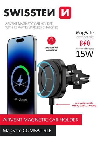 Swissten Wireless Charging Magnetic Air Vent Car Holder (15W) - 65010611 - MagSafe Compatible - Black