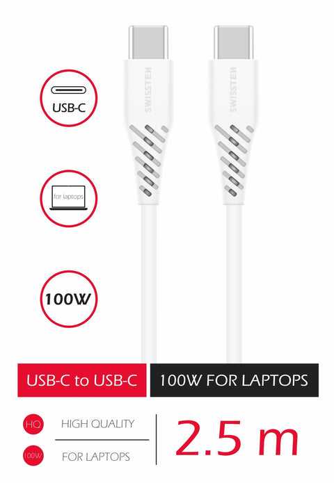 Swissten 5A Power Delivery Type-C To Type-C USB Cable (100W) - 71506530 - 2.5m - White