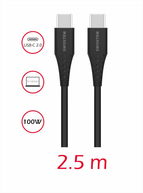 Swissten 5A Power Delivery Type-C To Type-C USB Cable (100W) - 71506550 - 2.5m - Black