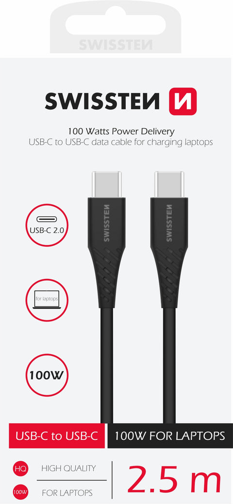 Swissten 5A Power Delivery Type-C To Type-C USB Cable (100W) - 71506550 - 2.5m - Black