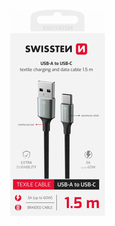Swissten Textile II USB-A To Type-C USB Cable - 71521309 - 1.5 Meter - Black