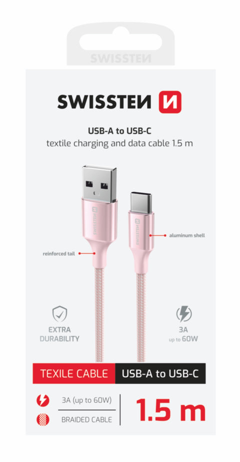 Swissten Textile II USB-A To Type-C USB Cable - 71521311 - 1.5 Meter - Pink