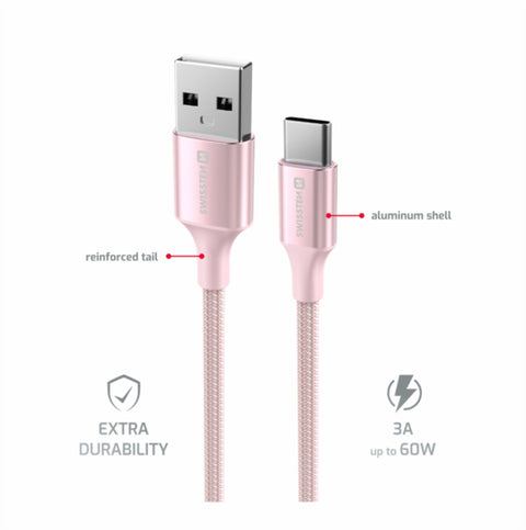 Swissten Textile II USB-A To Type-C USB Cable - 71521311 - 1.5 Meter - Pink