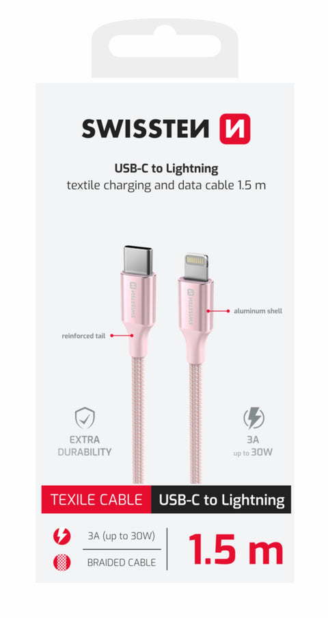 Swissten Textile II USB-C To Lightning Cable - 71529205 - 1.5 Meter - Pink