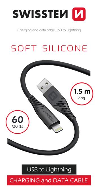 Swissten Soft Silicone Lightning Cable (60W) - 71533010 - 1.5m - Black