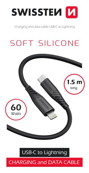 Swissten Soft Silicone Type-C To Lightning Cable (60W) - 71534010 - 1.5m - Black