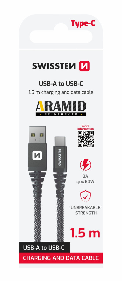 Swissten Aramid Reinforced USB-C Cable - 71541010 - 1.5m - Grey
