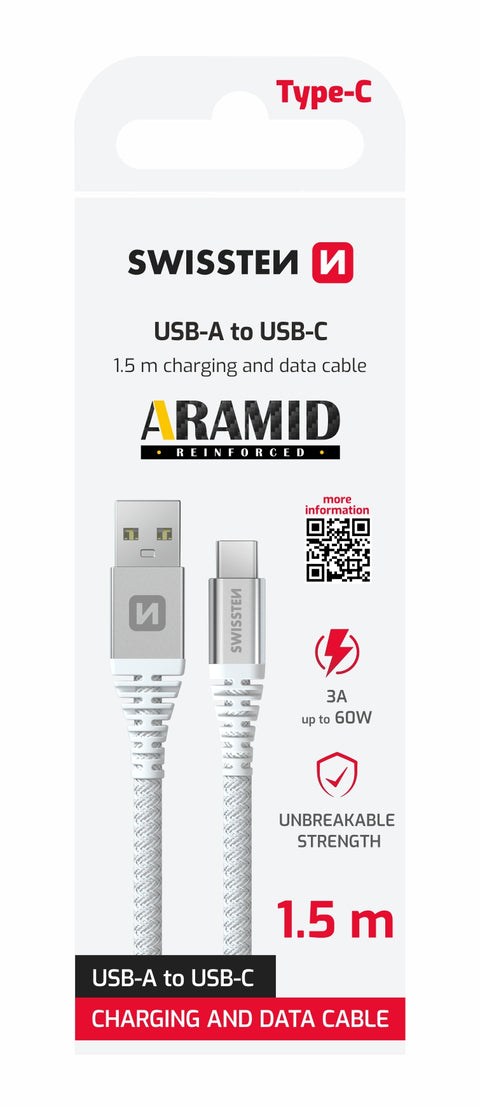 Swissten Aramid Reinforced USB-A To USB-C Cable - 71541011 - 1.5 Meter - White