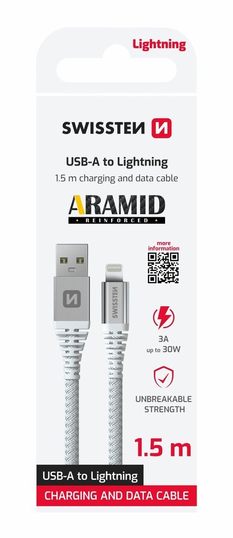 Swissten Aramid Reinforced Lightning To USB-A Cable - 71541012 - 1.5 Meter - White