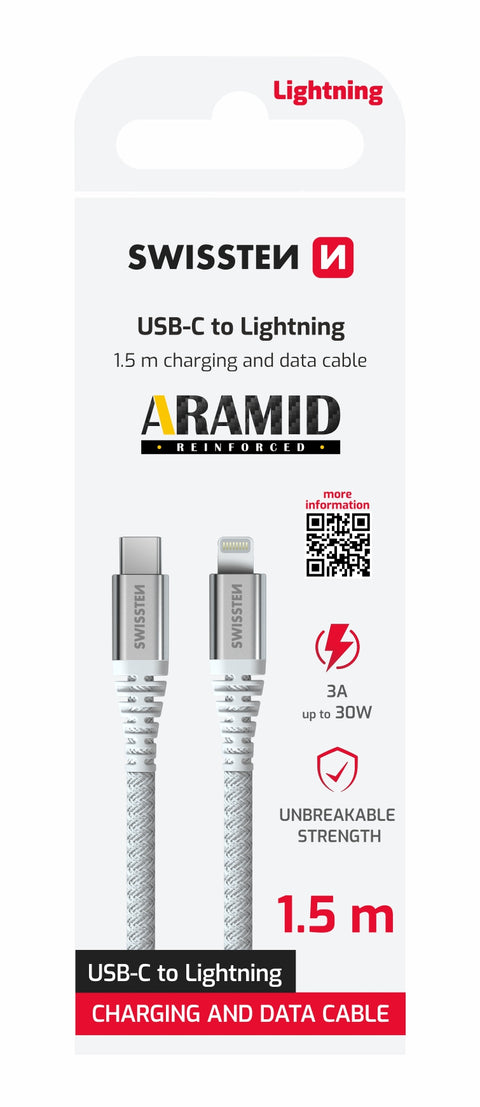 Swissten Aramid Reinforced Lightning To USB-C Cable - 71541013 - 1.5 Meter - White