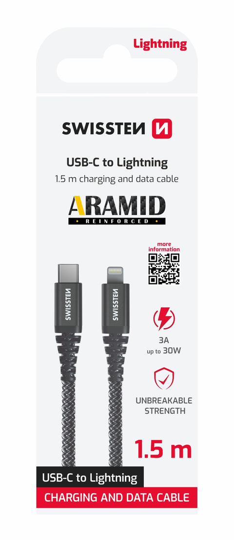 Swissten Aramid Reinforced USB-C To Lightning Cable - 71544010 - 1.5m - Grey