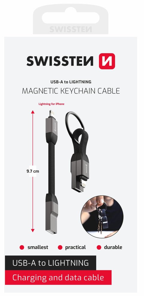 Swissten USB-A To Lightning Magnetic Keychain Cable - 71551060 - 9.7cm - Black