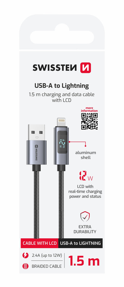 Swissten Lightning Cable To USB Cable With LCD  - 71551070 - 1.5 Meter - Black
