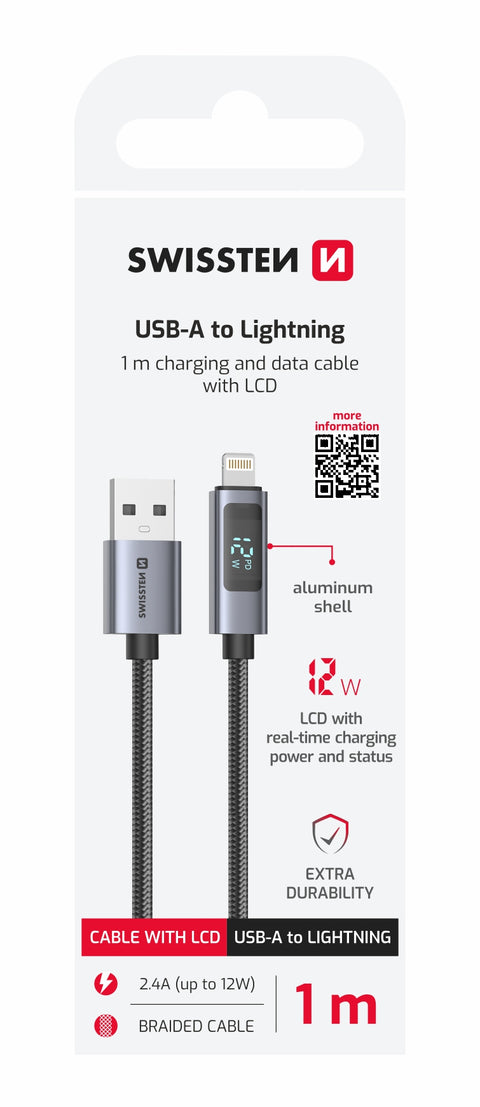 Swissten Lightning Cable To USB Cable With LCD - 71551071 - 1 Meter - Black