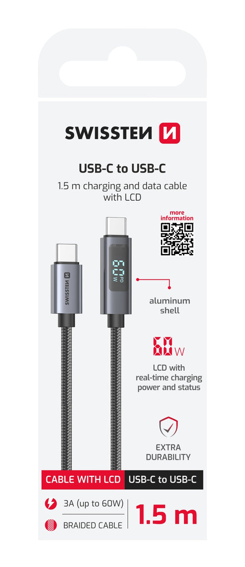 Swissten USB-C To USB-C Cable With LCD - 71551074 - 1.5 Meter - Black