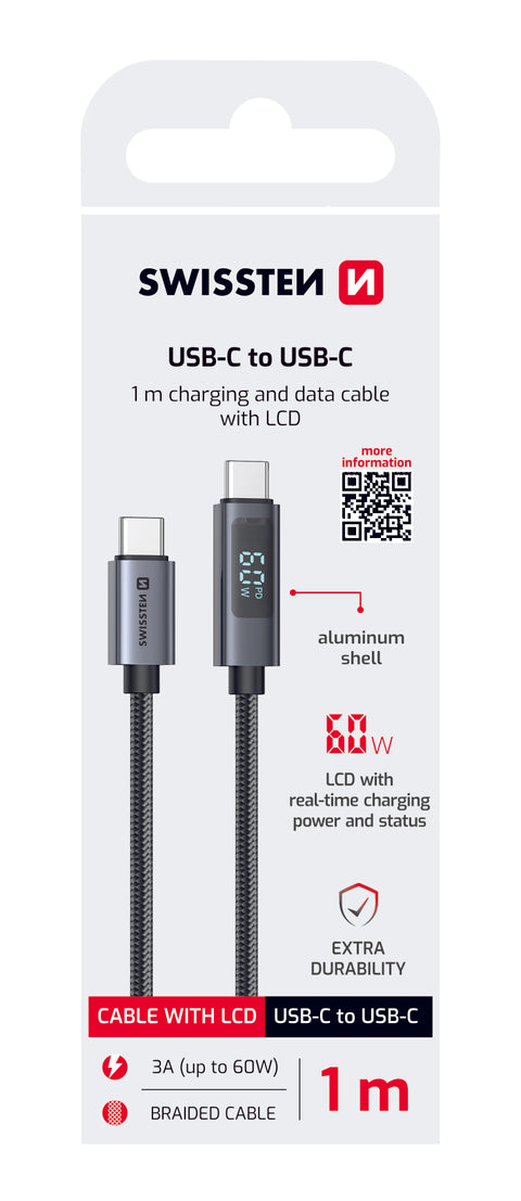 Swissten USB-C To USB-C Cable With LCD - 71551075 - 1 Meter - Black