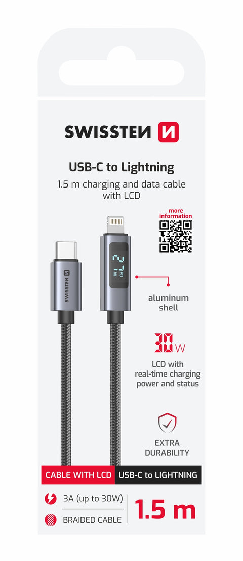 Swissten USB-C To Lightning Cable With LCD - 71551076 - 1.5 Meter - Black