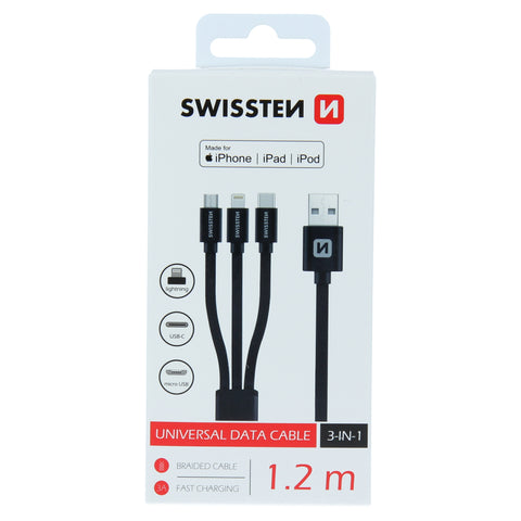 Swissten Textile 3-in-1 MFI Data Cable - 72501101 - 1.2m - Black