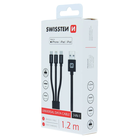 Swissten Textile 3-in-1 MFI Data Cable - 72501101 - 1.2m - Black