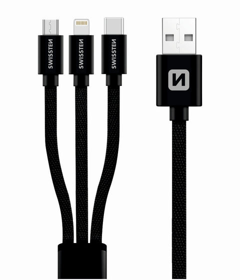 Swissten Textile 3-in-1 MFI Data Cable - 72501101 - 1.2m - Black