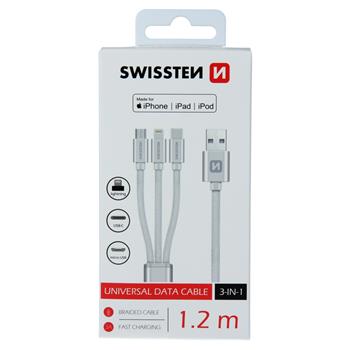 Swissten Textile 3-in-1 MFI Data Cable - 72501102 - 1.2m - Silver