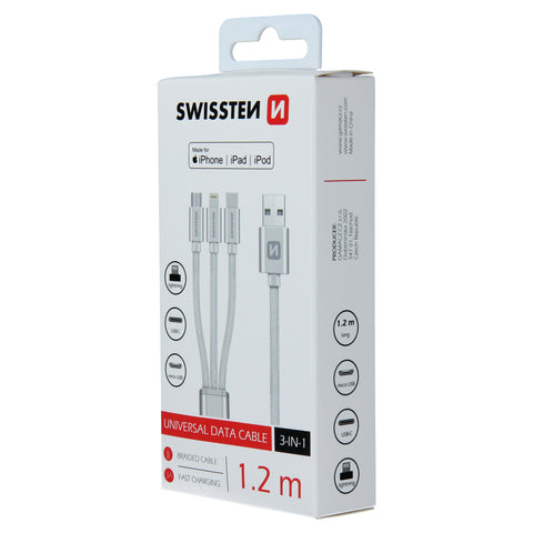 Swissten Textile 3-in-1 MFI Data Cable - 72501102 - 1.2m - Silver