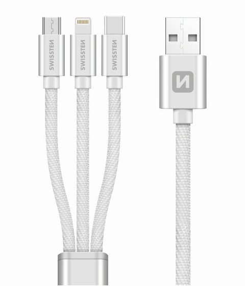 Swissten Textile 3-in-1 MFI Data Cable - 72501102 - 1.2m - Silver